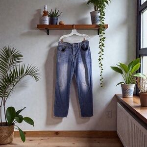 Lucky Brand 121 Slim Jeans Men 34x32 Blue Straight Leg Stretch Whiskered Fade